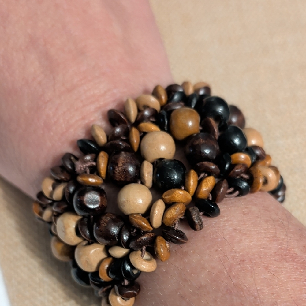 chunky, multi-strand wooden beaded stretch  bracelet
